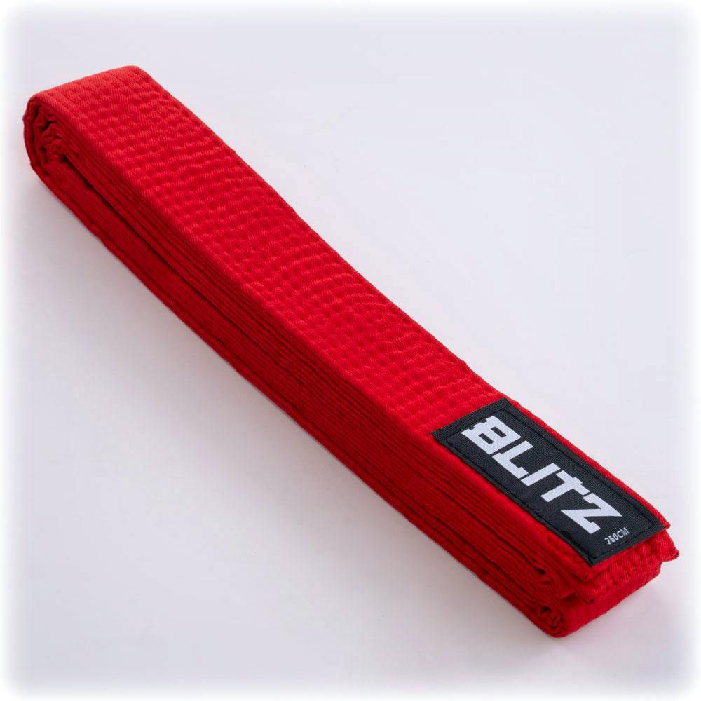 Red Blitz plain colored martial arts belt made of durable fabric, suitable for martial arts training and competitions.
