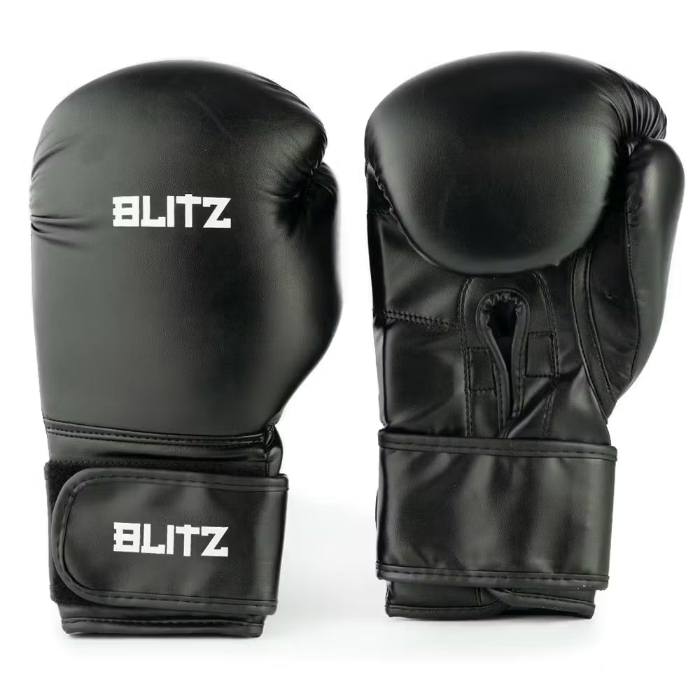 Black Blitz Pro Boxing Gloves with padded palms and adjustable straps for professional training and boxing workouts.