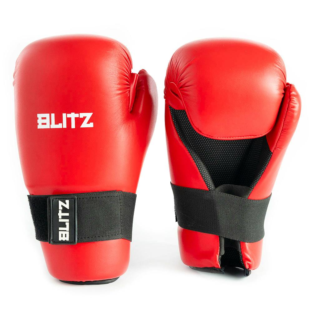 Red Blitz semi-contact open palm gloves designed for protection, featuring breathable material and secure wrist straps.