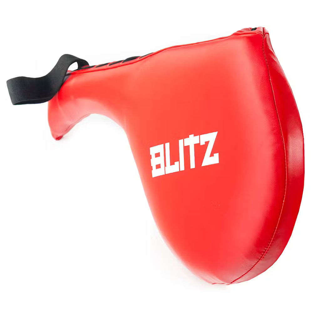 Red Blitz Thai pads designed for martial arts training, featuring a single bat target pad for striking practice.