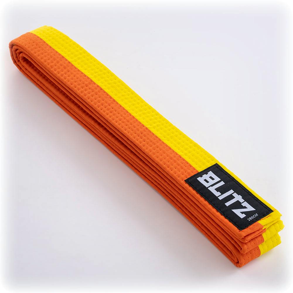 Yellow and orange Blitz Split Length Martial Arts Belt, 4.5cm wide, made of durable fabric, with visible split design and stitching.