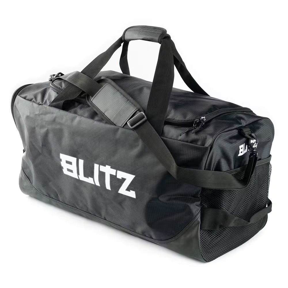 Blue Blitz training duffel bag with handles and shoulder strap, designed for sports equipment storage and travel.