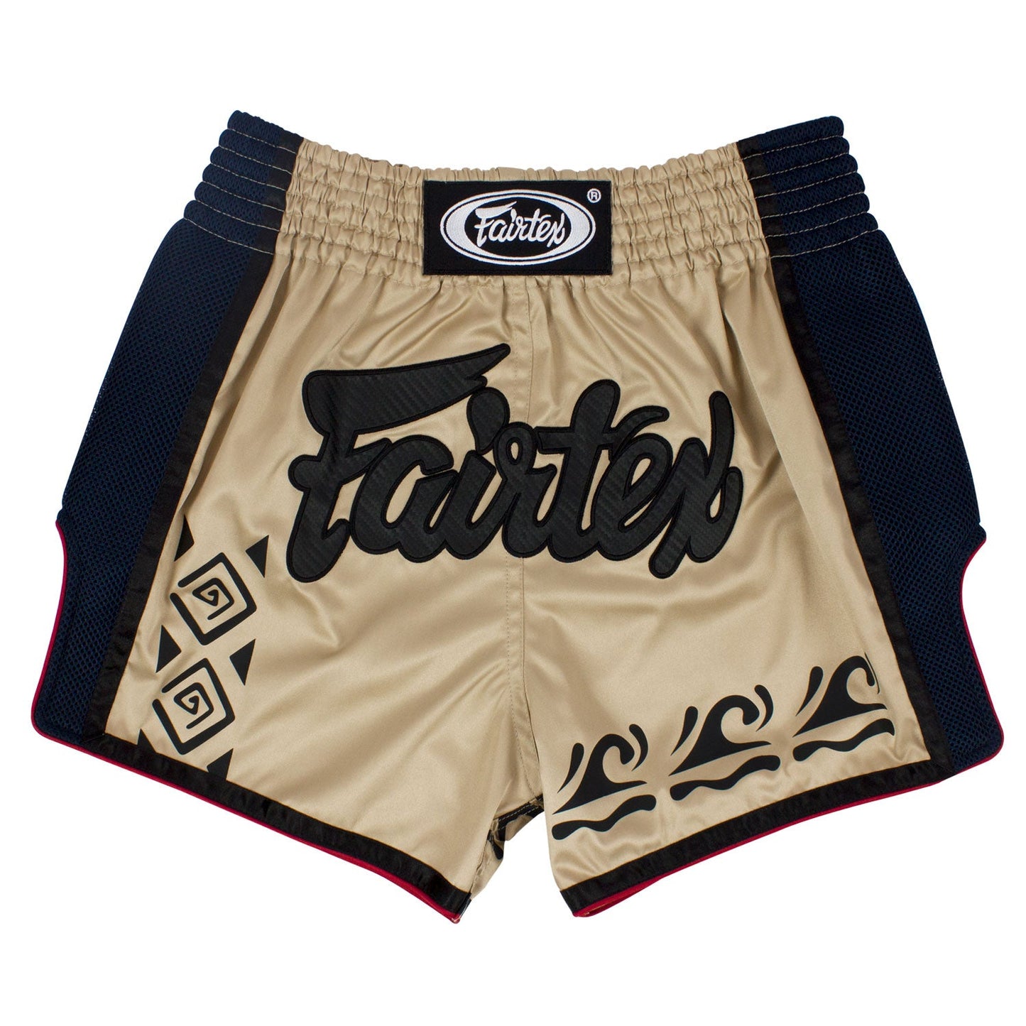 Fairtex Slim Fit Muaythai Shorts in khaki fabric with elastic waistband and side slits for combat sports training.