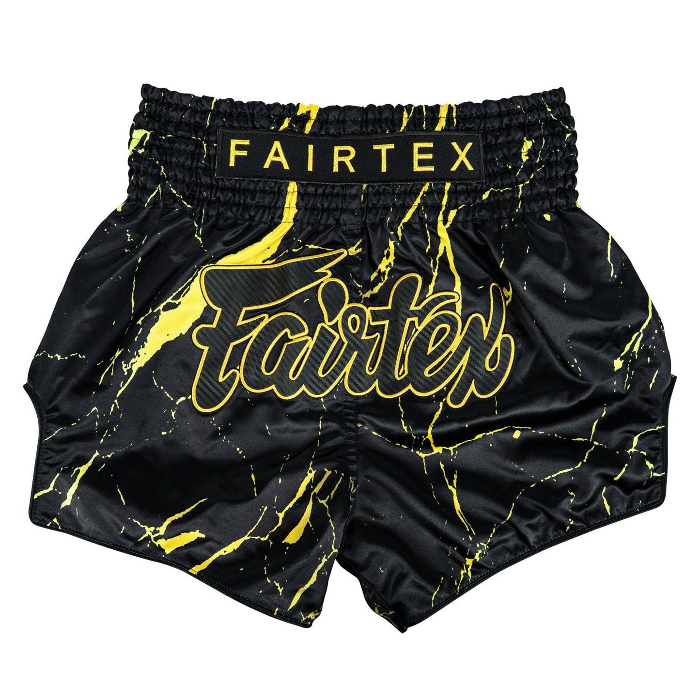 Fairtex Black Marble Muaythai Shorts with bold marble pattern, designed for combat sports and martial arts training.