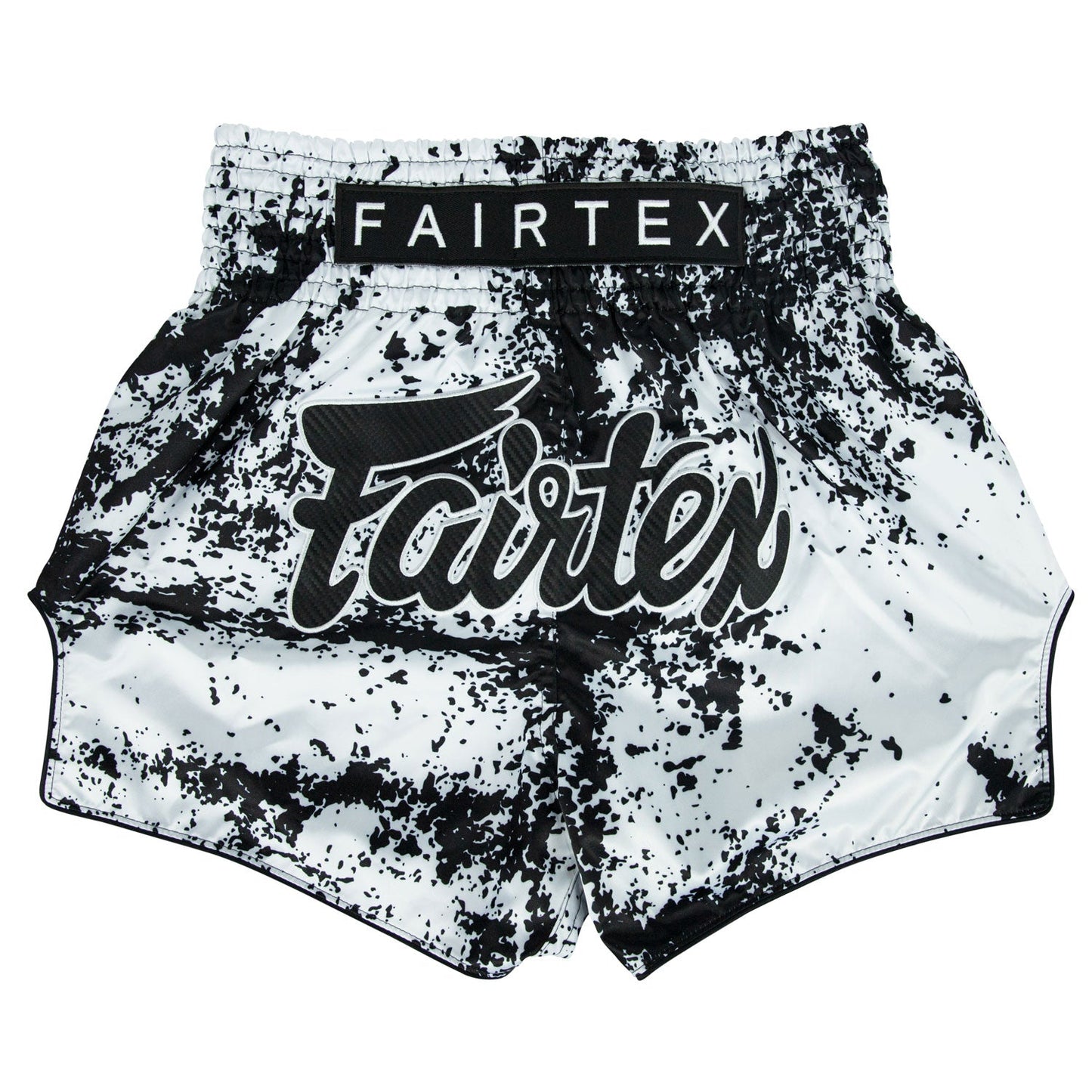 Fairtex Grunge White Muaythai Shorts with black and gray design, made from lightweight fabric, suitable for martial arts training
