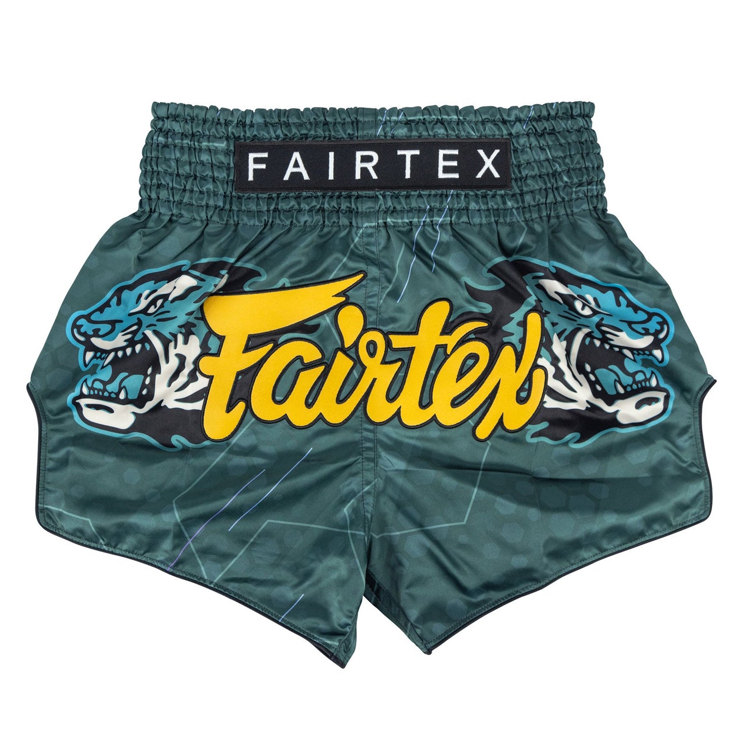 Fairtex Jungle Hunter Muaythai shorts with jungle print in vibrant colors, designed for Muay Thai training and competition.
