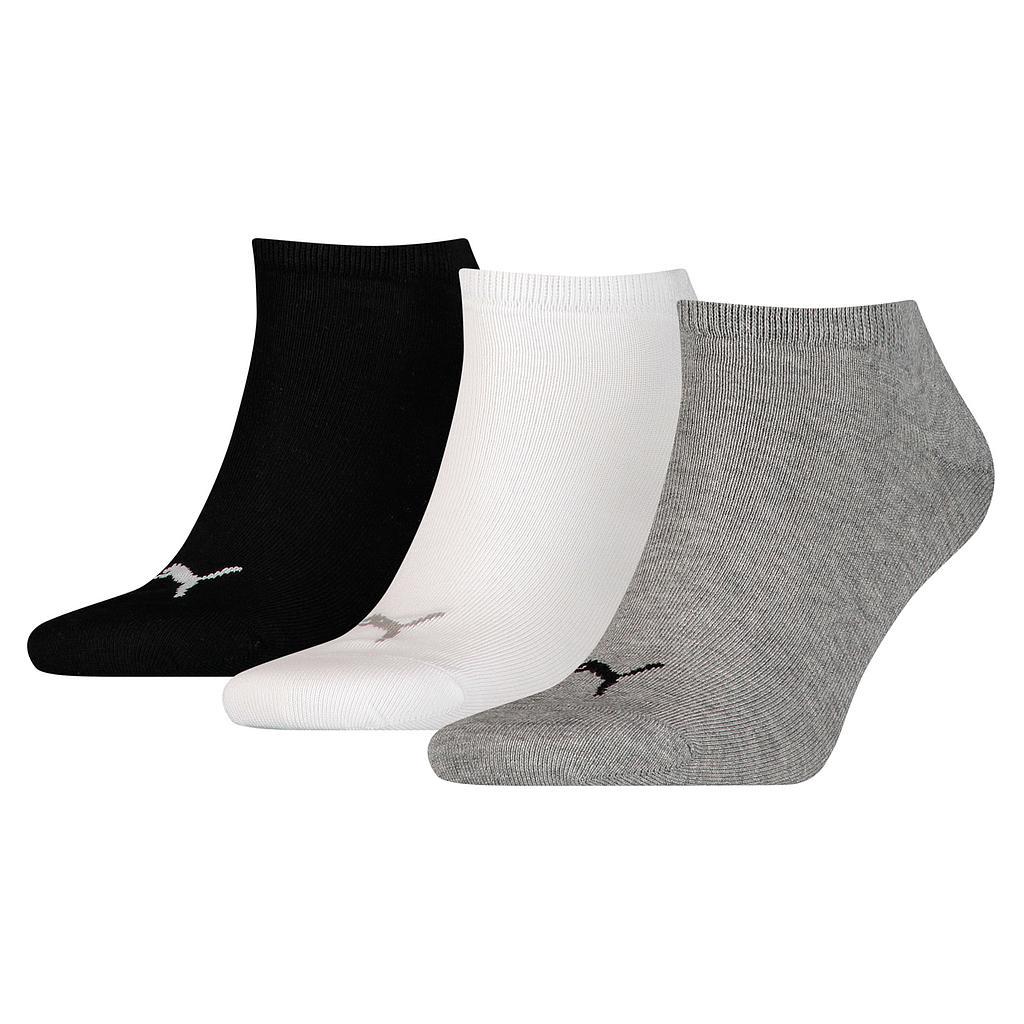 Set of three Puma Invisible Socks for sneakers, shown in black and white, designed for low-profile, no-show fit.