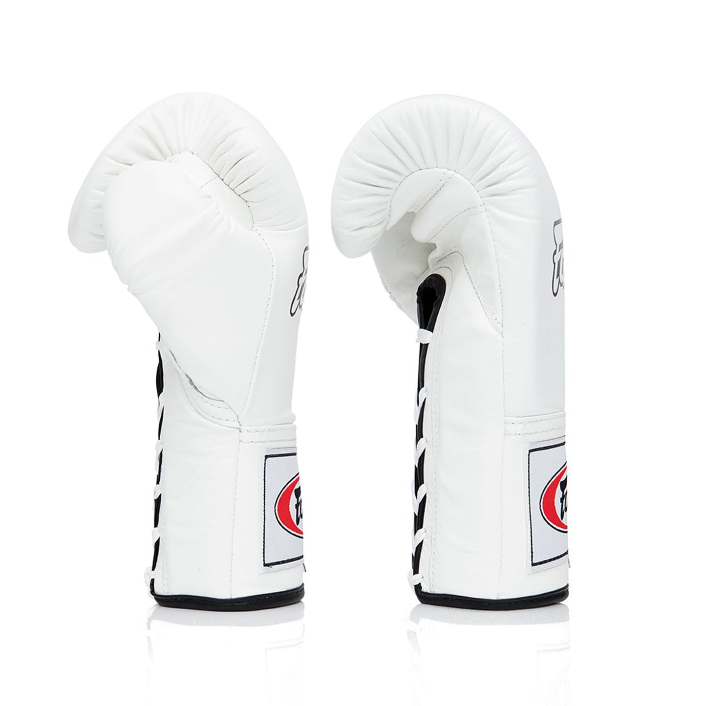 Fairtex BGL6 lace-up competition boxing gloves in white, showing the padded leather exterior and secure lace-up design.