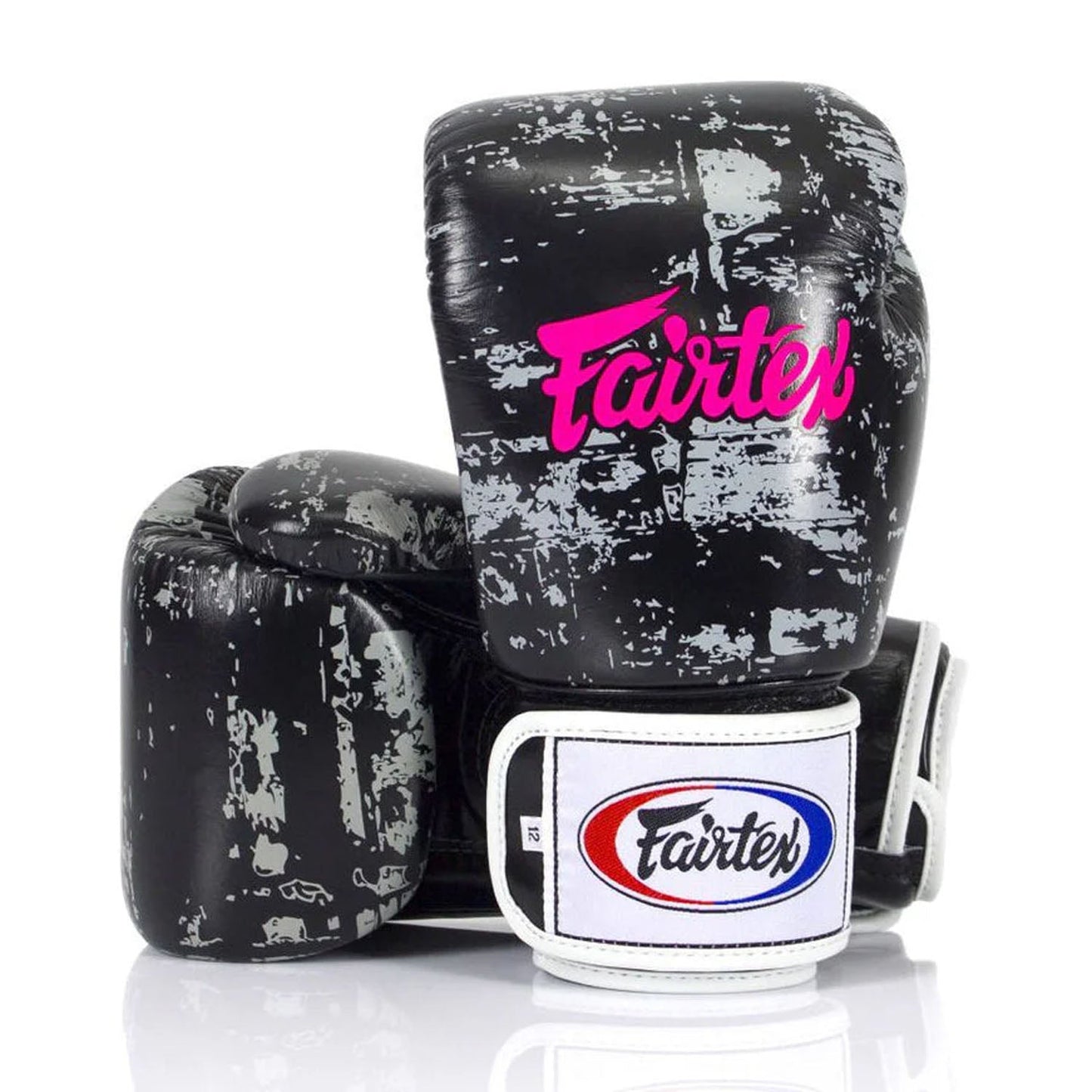 Fairtex BGV1 Dark Cloud boxing gloves with black and gray design, padded wrist support, and durable leather construction.