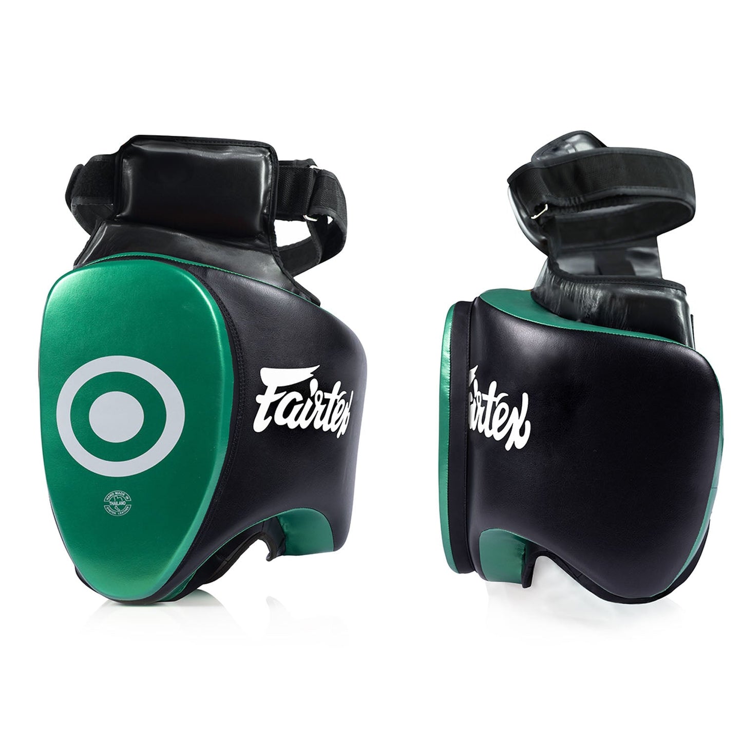 Fairtex TP5 Ultra Lite Thigh Pads in black and green for martial arts training, featuring lightweight protective padding.