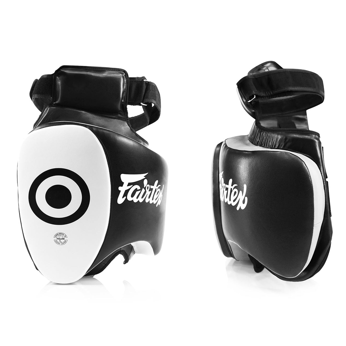 Fairtex TP5 Ultra Lite black and white thigh pads for martial arts training, lightweight sporting gear for protection and mobility.