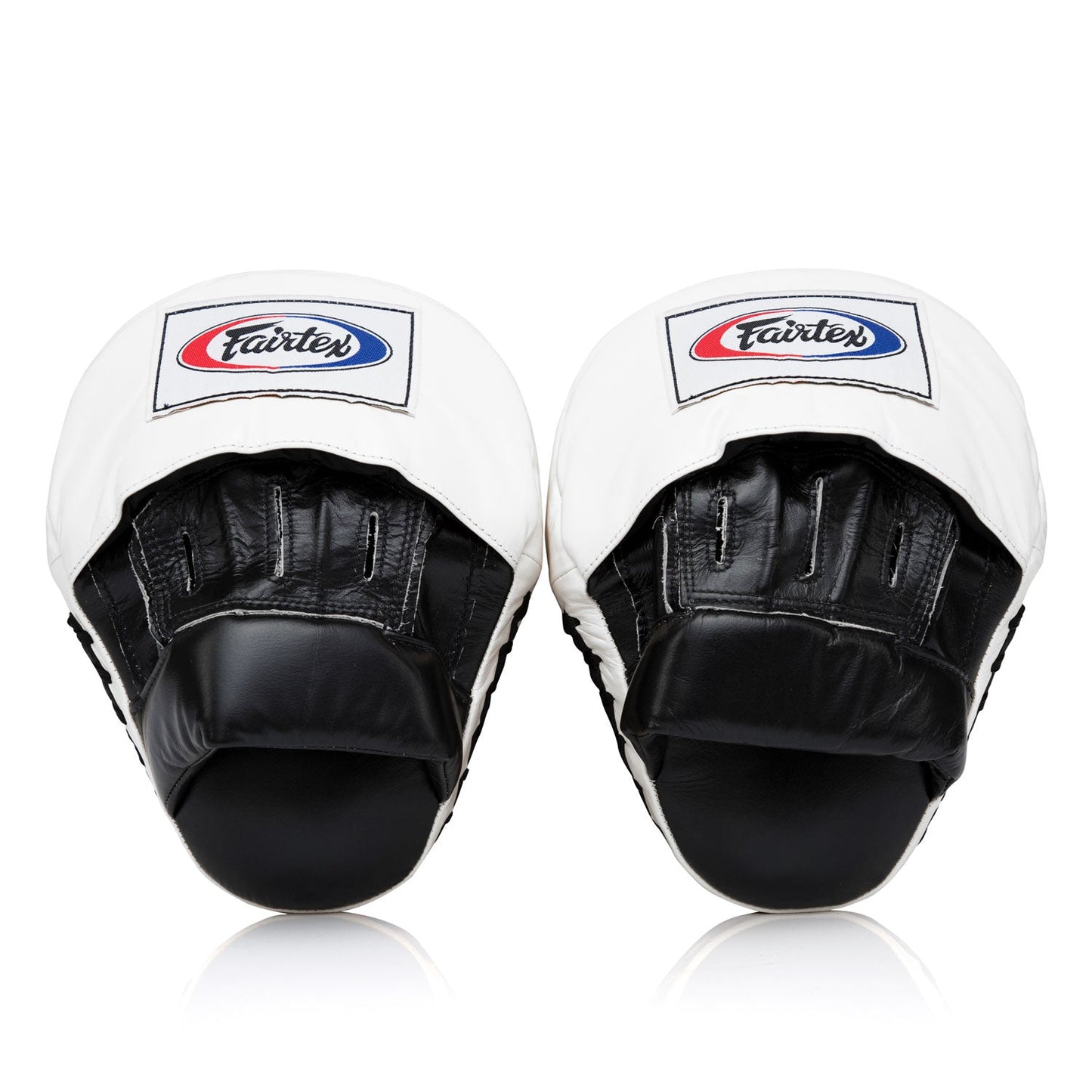 Fairtex black and white contoured focus mitts for boxing training, featuring padded surfaces and ergonomic design.