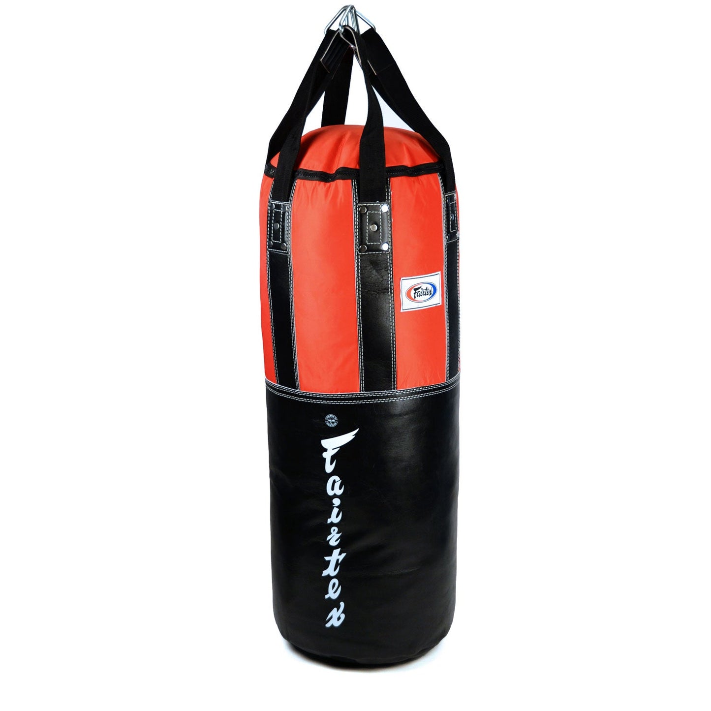 Fairtex HB3 extra large black and red leather heavy bag, unfilled, with sturdy straps and reinforced stitching for martial arts training.