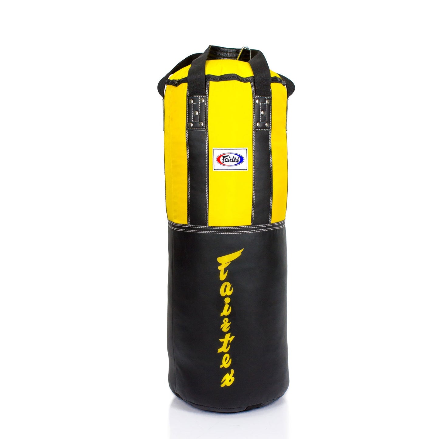 Fairtex HB3 extra large leather heavy bag in black and yellow, unfilled, used for boxing and martial arts training.