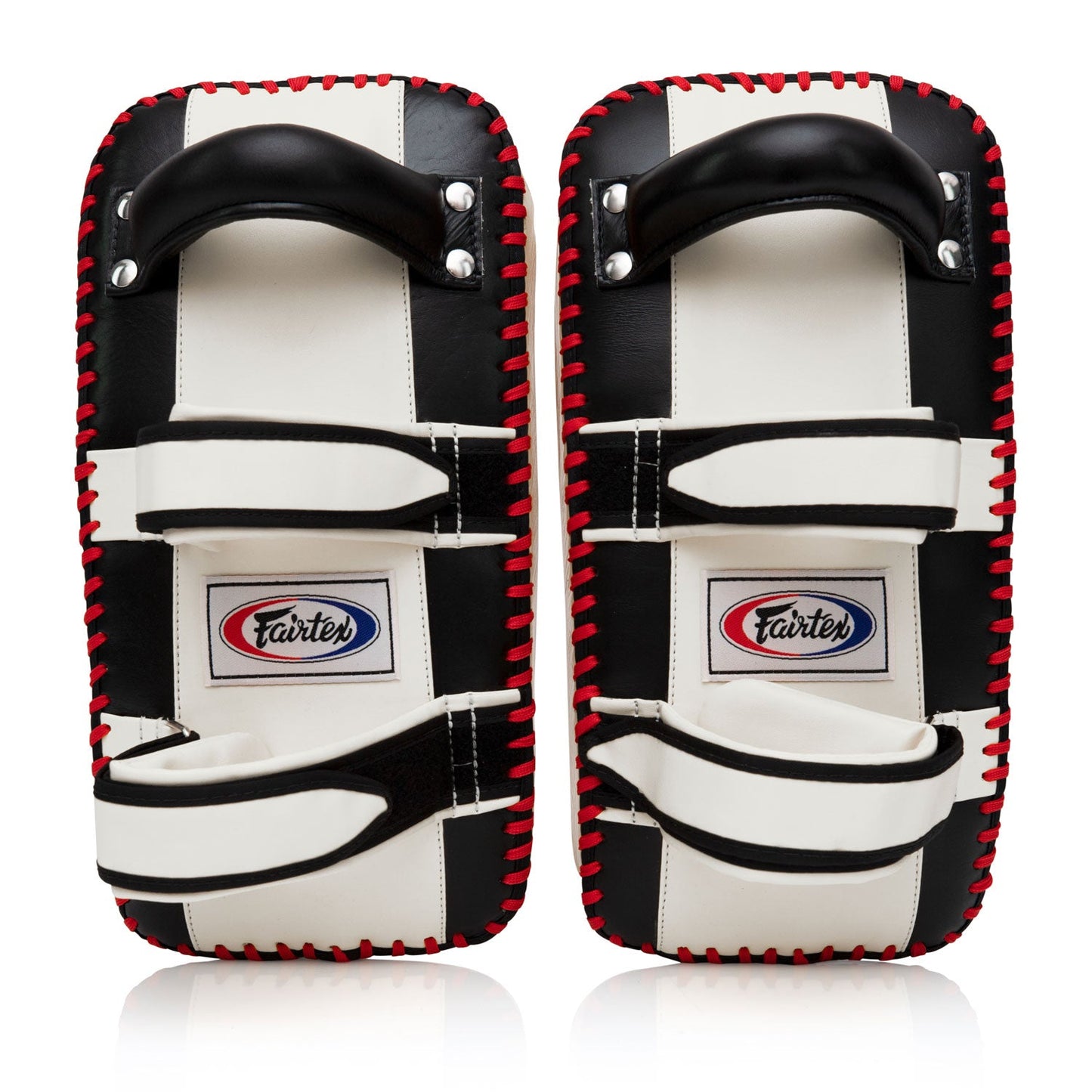 Fairtex curved Thai kick pads for martial arts training, featuring durable construction and ergonomic design for striking practice.