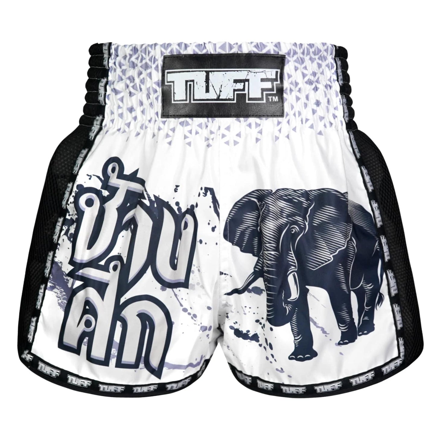 TUFF Sport Muaythai shorts with retro war elephant design, lightweight sporting goods for martial arts training and competition.