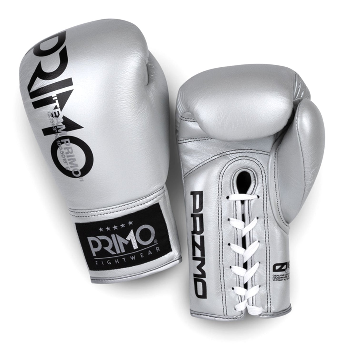 Silver Primo Mamba Series Pro lace-up boxing gloves, featuring durable construction and padded wrist support for boxing training.