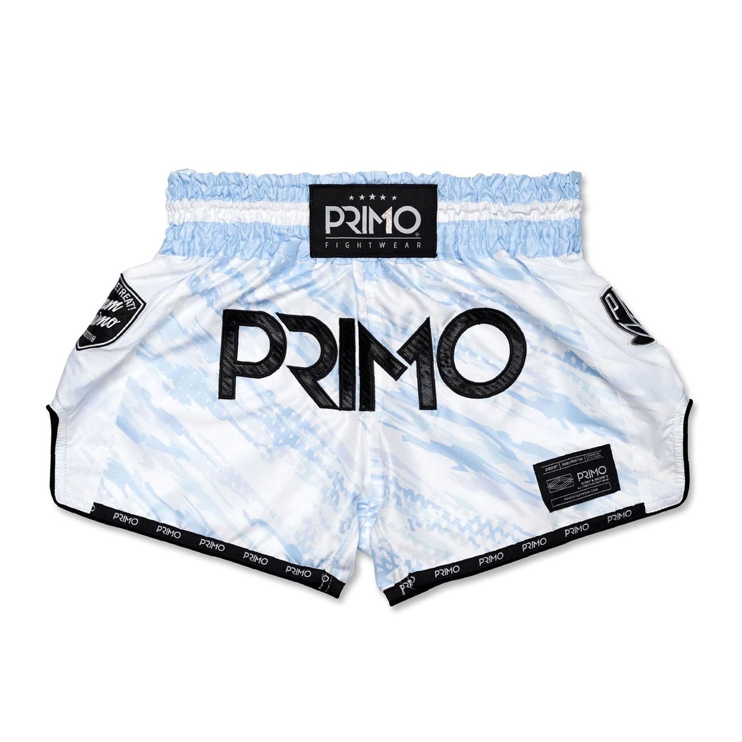 Primo Muay Thai Shorts Arctic Ghost with black and white design, lightweight athletic gear for martial arts training and competitions.