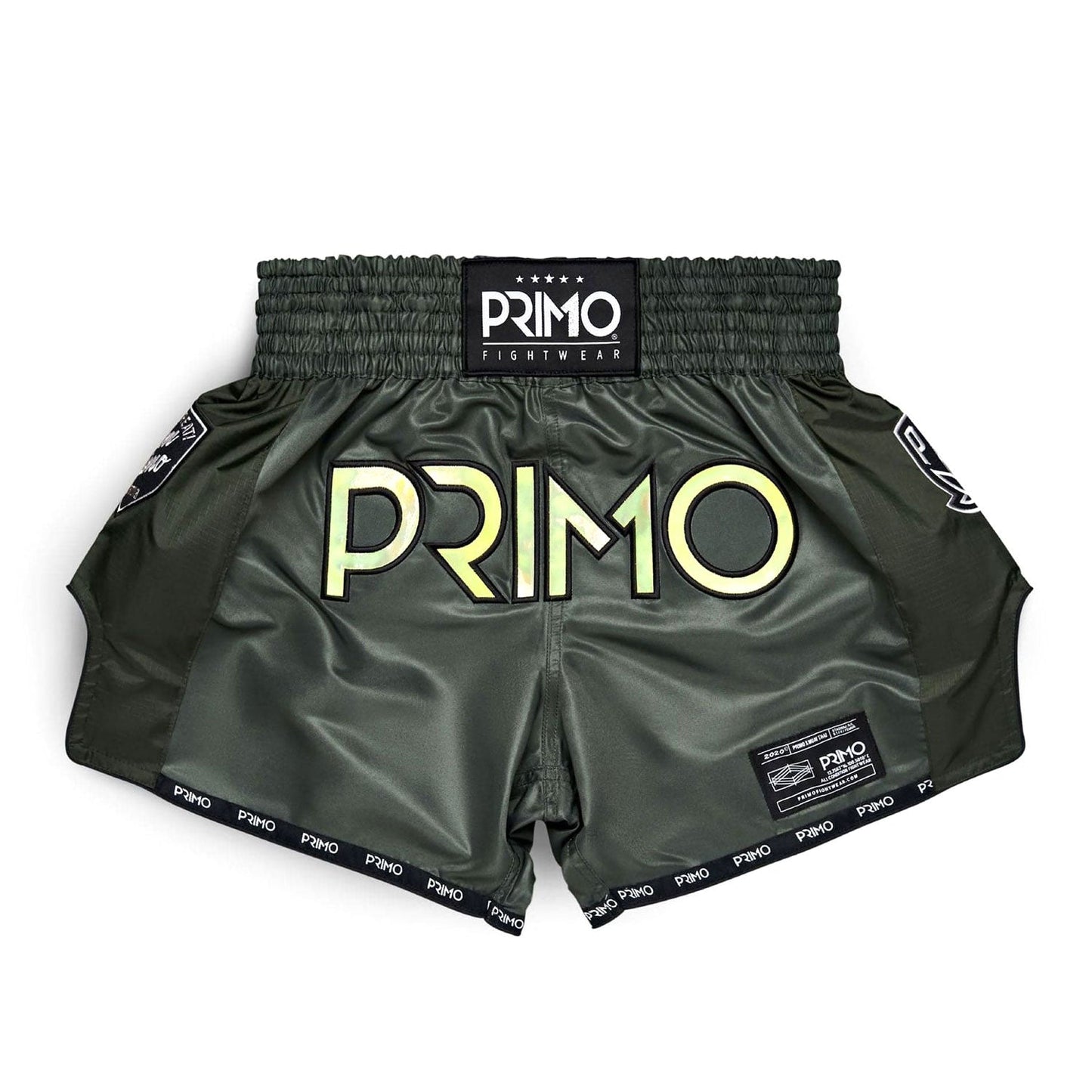 Primo Muay Thai Shorts from the Hologram Series in Valor Green, featuring vibrant design and durable athletic fabric.