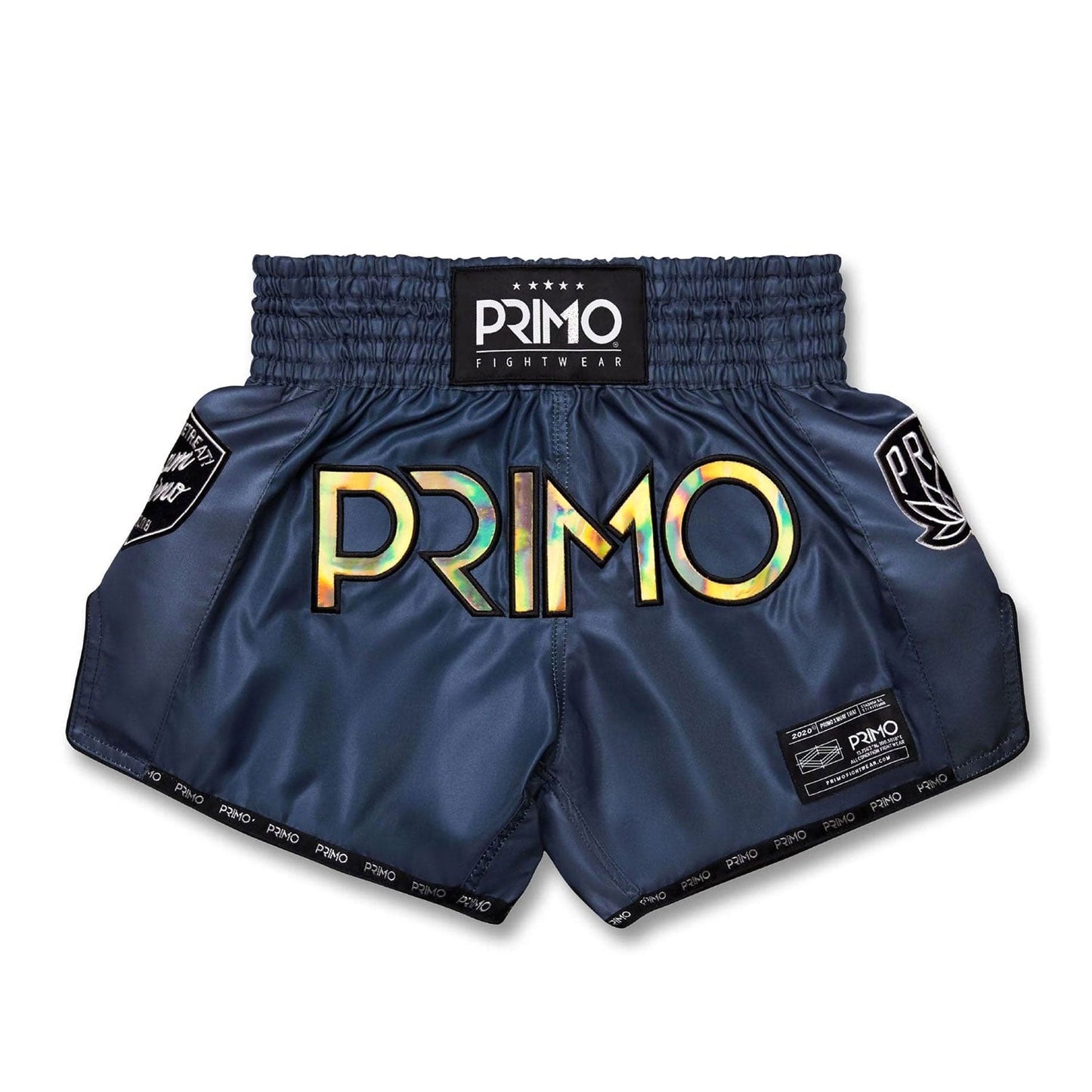 Primo Muay Thai Shorts from the Hologram Series in Valor Grey, featuring lightweight fabric and vibrant holographic details.