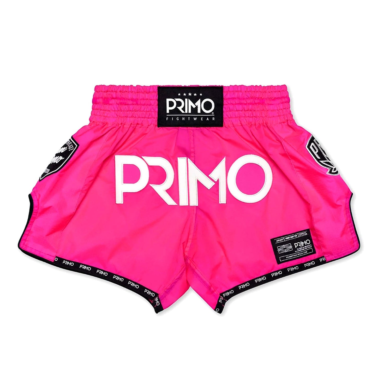 Pink Primo Muay Thai shorts made of super nylon with Harlem World branding, featuring a comfortable waistband and sporty design.