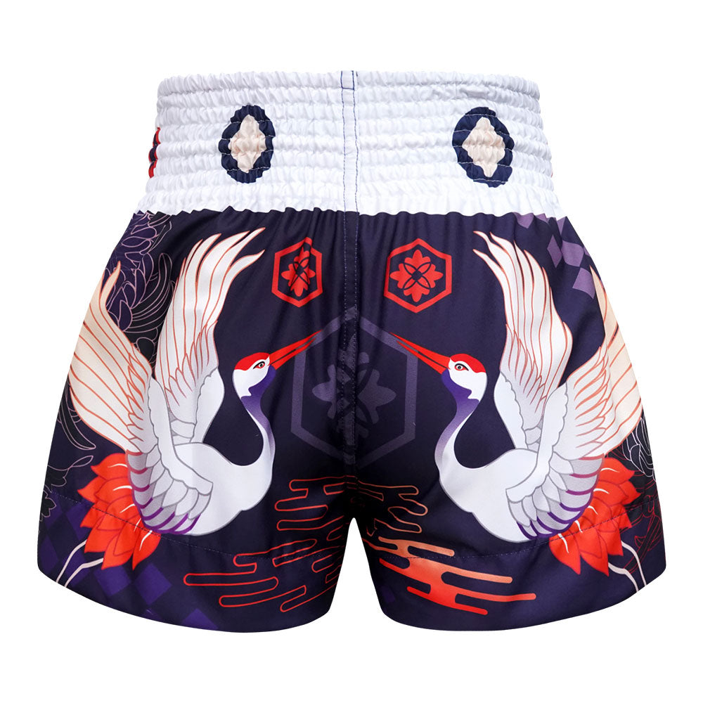 TUFF Muay Thai Shorts Navy Blue Japanese Drawing Crane Birds