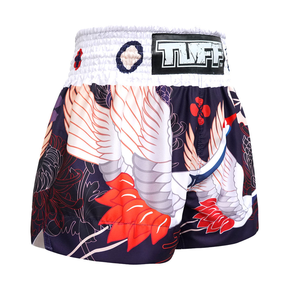 TUFF Muay Thai Shorts Navy Blue Japanese Drawing Crane Birds
