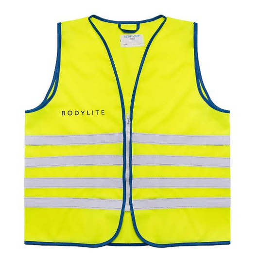 Bodylite Gear reflective vest for kids with bright safety stripes, designed for outdoor sports and nighttime visibility.