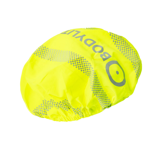 Reflective waterproof helmet rain cover by Bodylite Gear, designed for outdoor sports and cycling in wet weather conditions.
