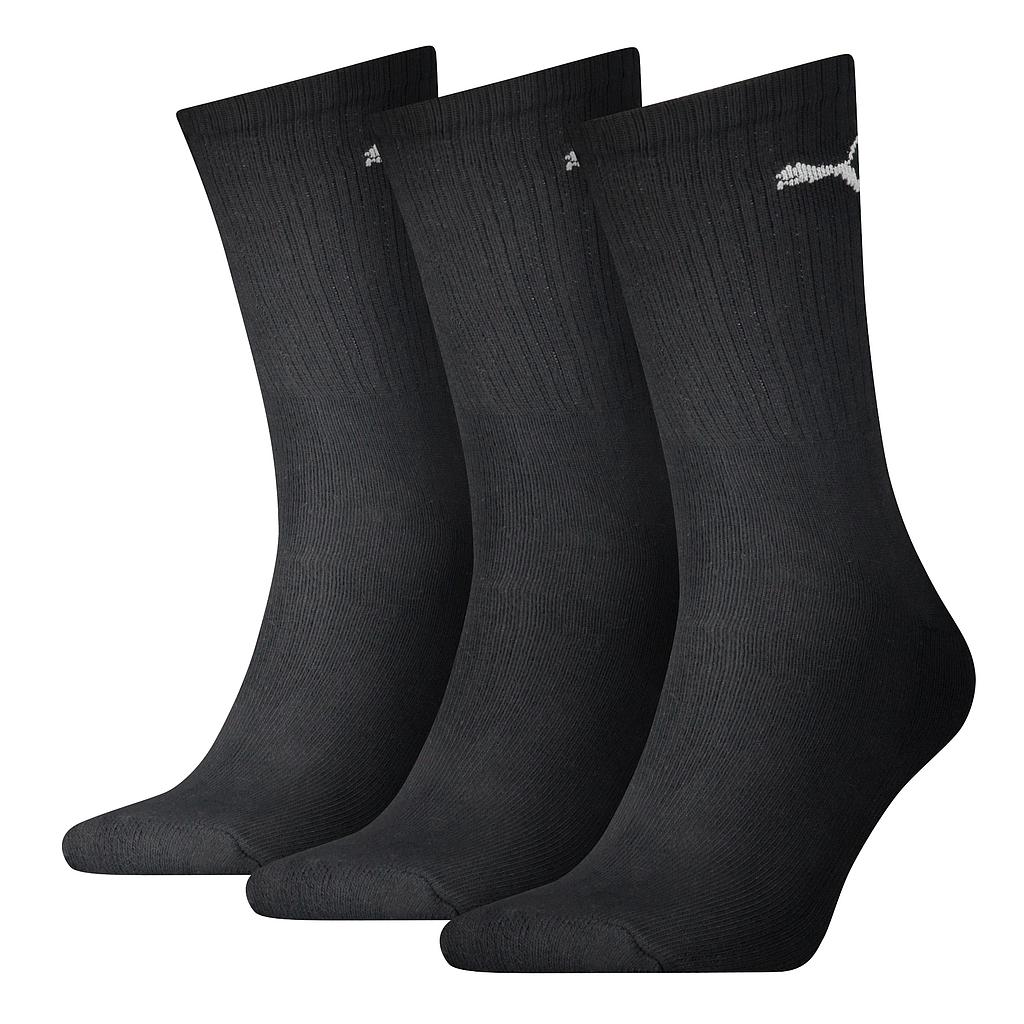 Puma lightweight crew sport socks in black and white, displayed in a 3-pack, designed for athletic comfort and performance.