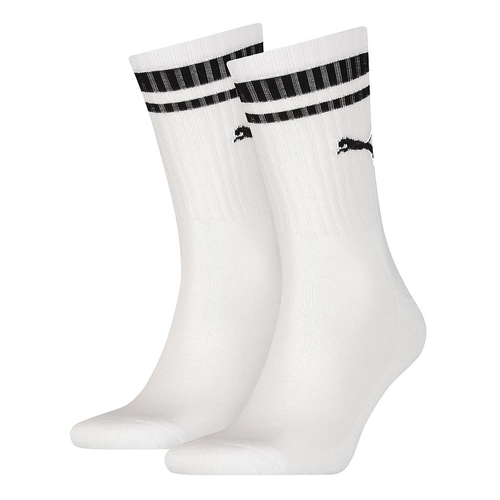 Puma Heritage Stripe Crew Socks in a 2-pack, featuring white and navy stripes, made of breathable sporting goods material.