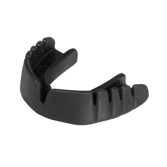 Opro Snap-Fit Mouthguard in clear, flexible design for sports protection, shown in a close-up image.