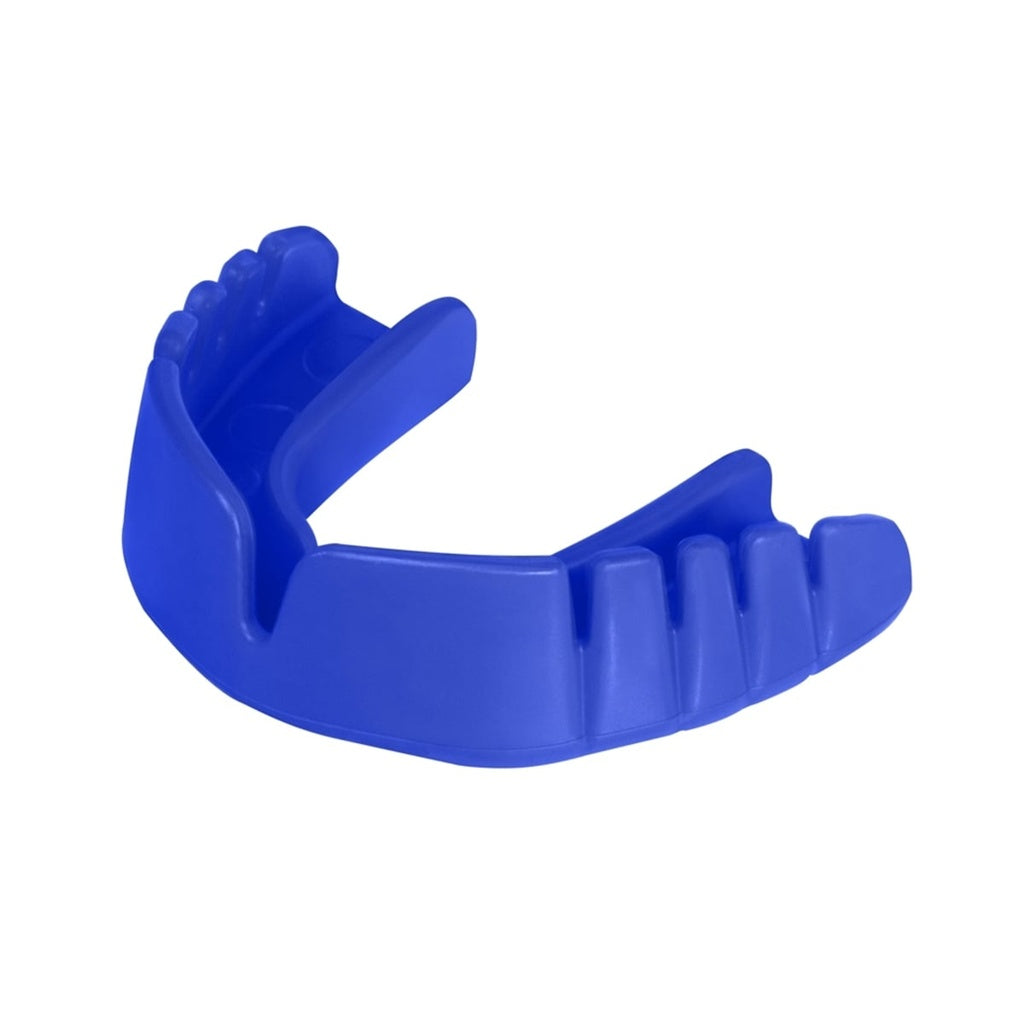 Opro Snap-Fit Mouthguard for sports, showing a close-up of the custom-fit protective mouthguard in bright colors.