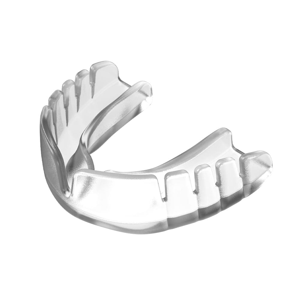 Opro Snap-Fit Mouthguard in blue for sports protection, showing the flexible, contoured design for a secure fit.