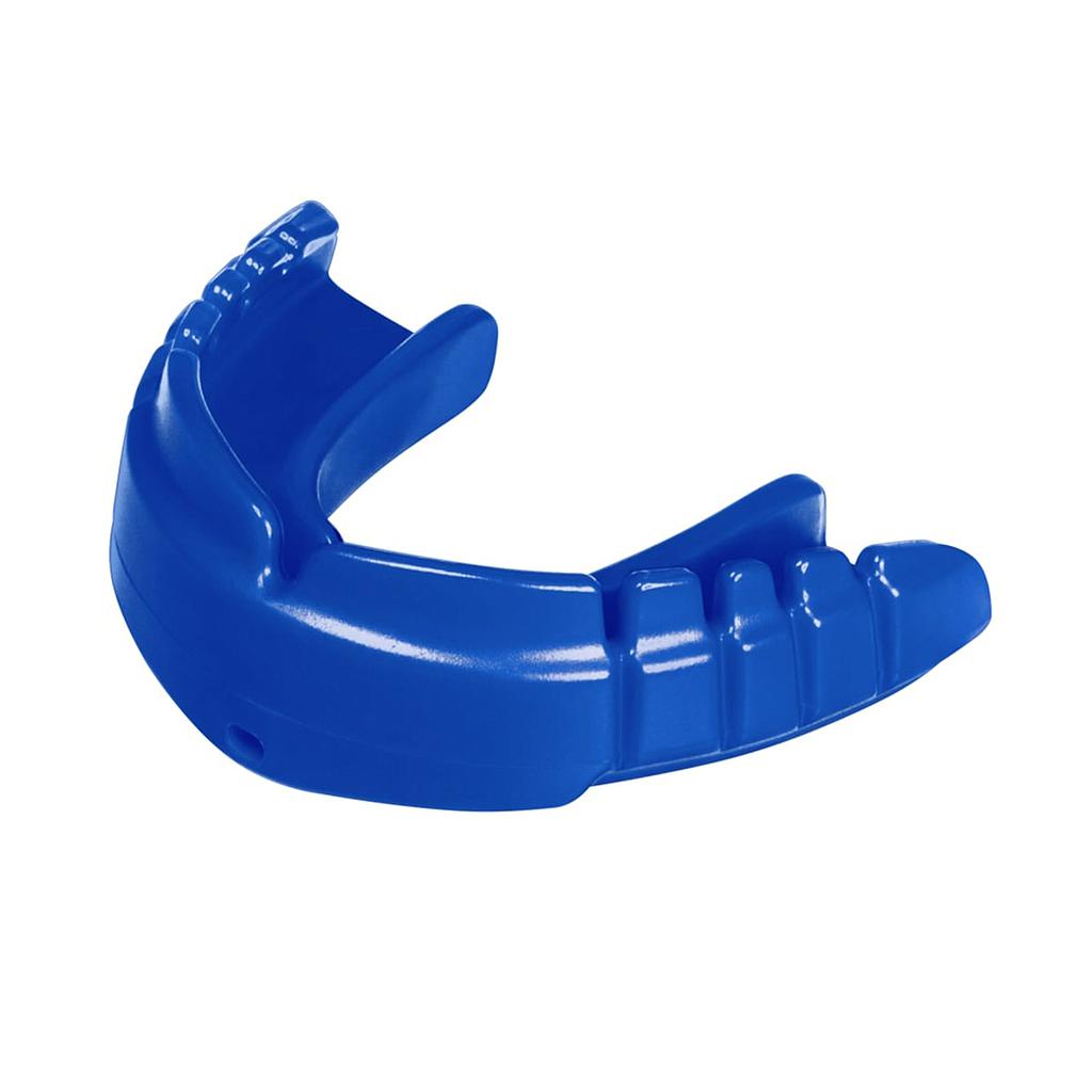 Opro Snap-Fit Braces Mouthguard for sports, showing a close-up of the flexible, custom-fit mouthguard designed for athletes with braces.