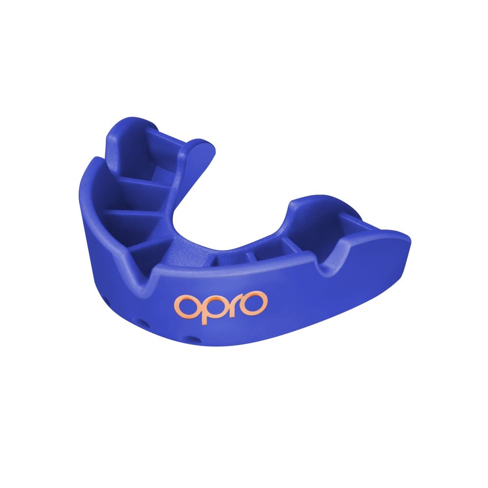 OPRO Bronze Self-Fit Mouthguard for sports, showing the molded, durable mouth protection in navy blue color.