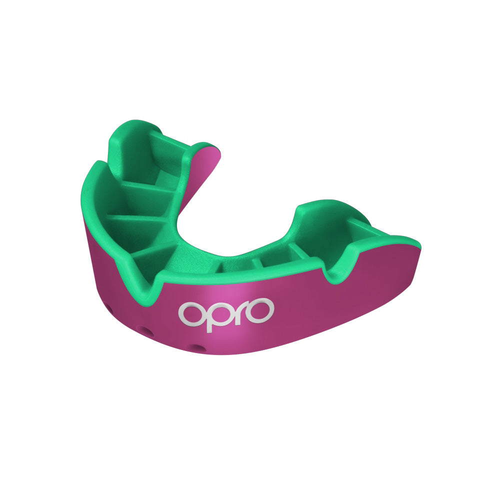 Opro Silver Self-Fit Mouthguard for sports, showing the clear, contoured mouthguard designed for protection and comfort.