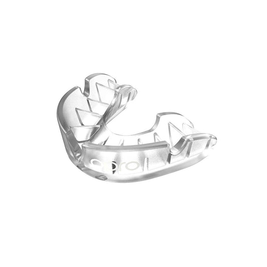 Opro Silver Self-Fit Mouthguard for sports, showing a close-up of the silver and clear mouthguard designed for athlete protection.