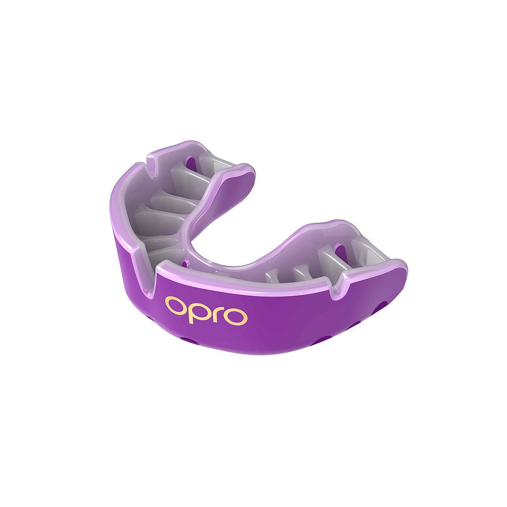 Opro Gold Self-Fit Mouthguard for sports, showing its clear, flexible design and secure fit for athlete protection.