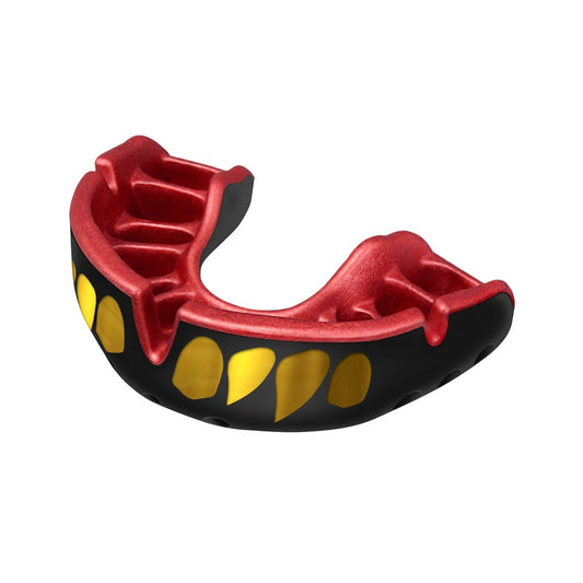 OPRO Self-Fit GEN5 Gold Mouthguard for sports, showing the fitted mouthguard with gold accents and ergonomic design.