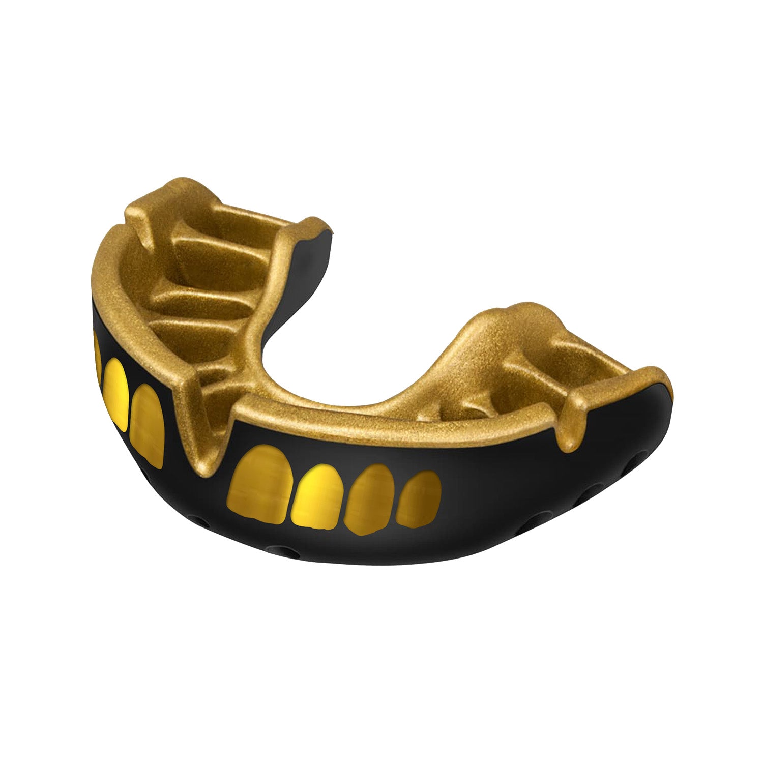 OPRO Self-Fit GEN5 Gold mouthguard for sports, showing the custom-fit, flexible mouthguard with gold-colored exterior.