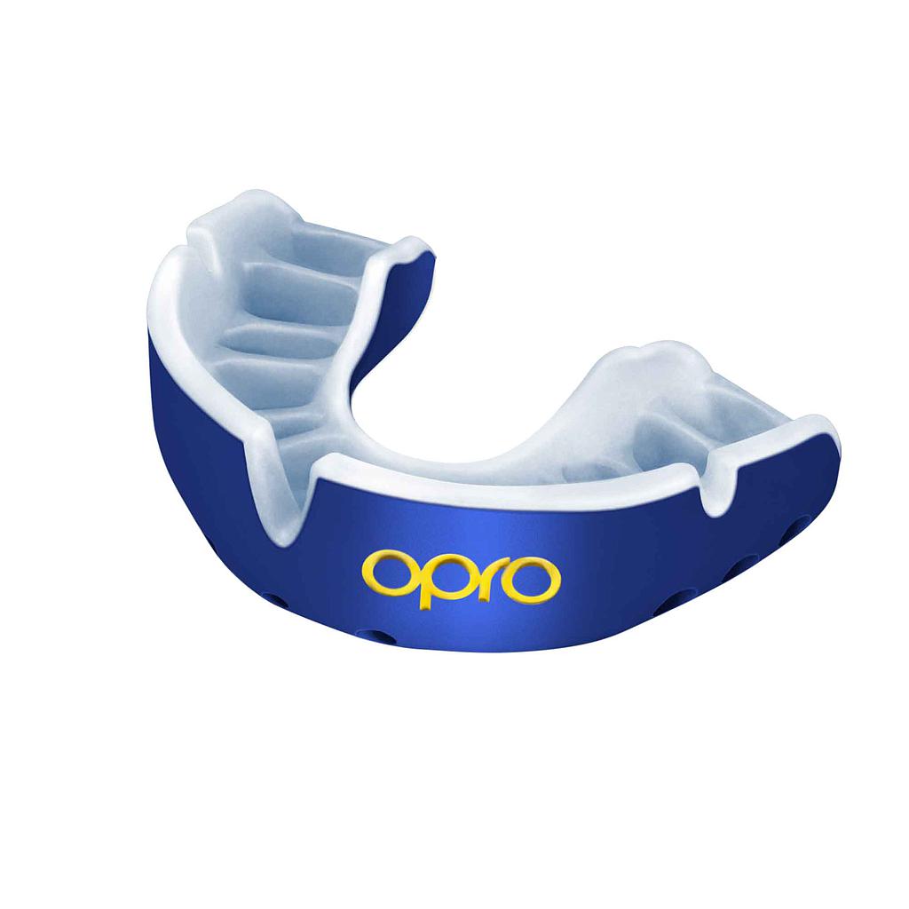 Opro Gold self-fit mouthguard for sports, showing clear silicone guard with brand logo, designed for protection during athletic activities.