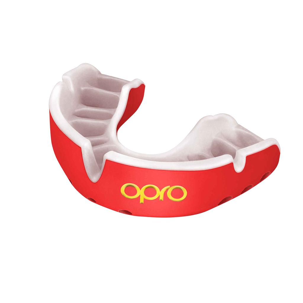 Opro Gold Self-Fit Mouthguard for sports, shown in clear view with ergonomic design and bright yellow color.
