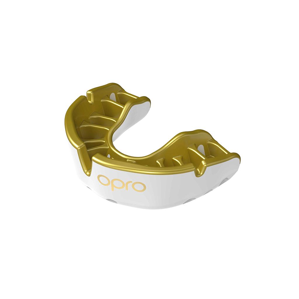Opro Gold Self-Fit Mouthguard for sports, showing the clear, flexible mouthguard designed for protection and comfort during athletic activities.