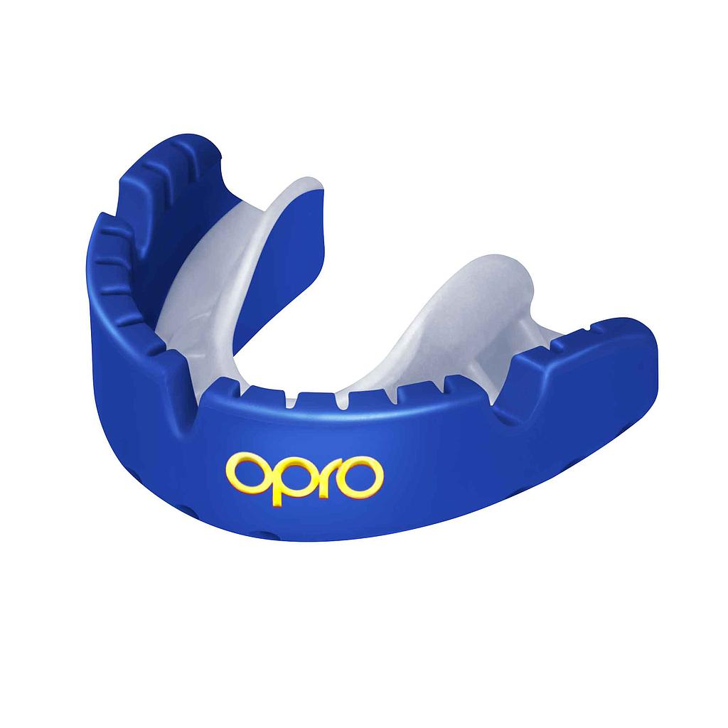 OPRO Gold Braces Self-Fit Mouthguard for sports, showing the custom-fit design and durable material for dental protection.