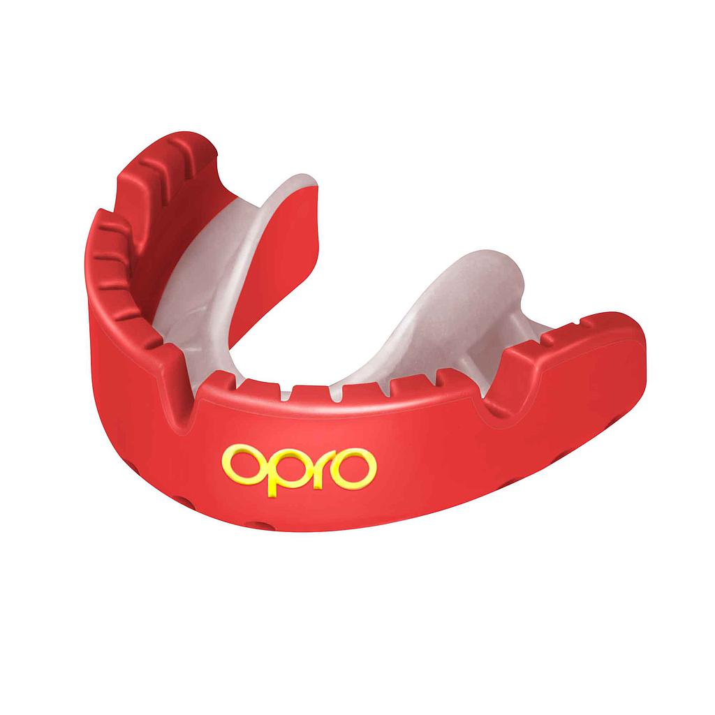 OPRO Gold Braces Self-Fit Mouthguard for sports, shown in a clear image with the guard fitted over teeth.