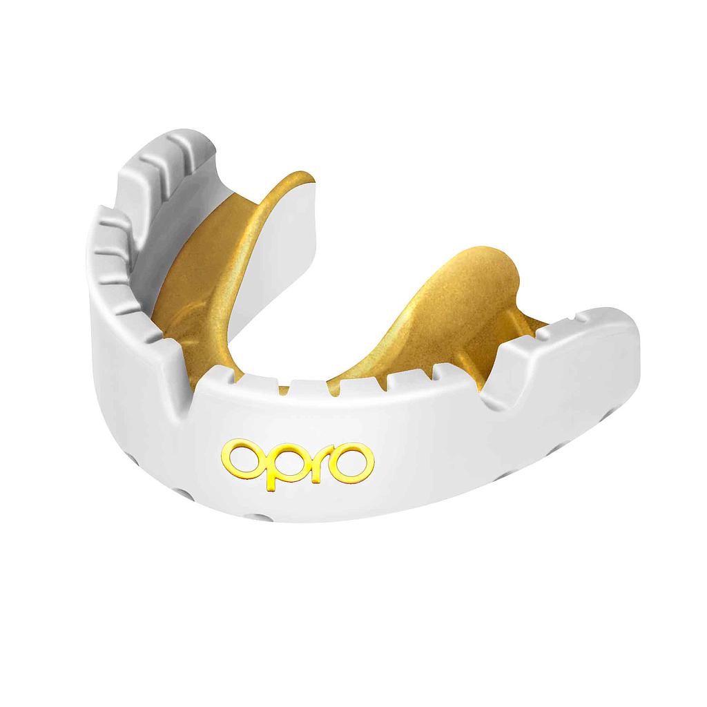 Opro Gold Braces Self-Fit Mouthguard for sports, showing the molded protective mouthguard with branding details.