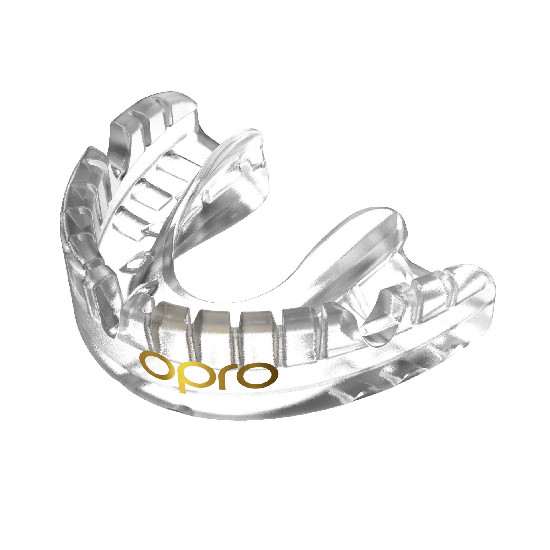 Opro Gold Braces Self-Fit Mouthguard for sports, showing the clear, comfortable design ideal for athletes with braces.