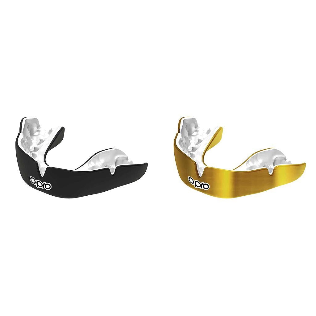 Opro Instant Custom Self Fit Mouthguard for sports, showing the clear, molded mouthguard fitting comfortably in a person's mouth.