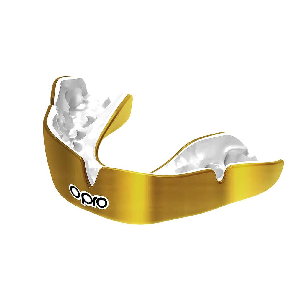 Opro Instant Custom Self Fit Mouthguard for sports, showing the clear, molded mouthguard ready for wear